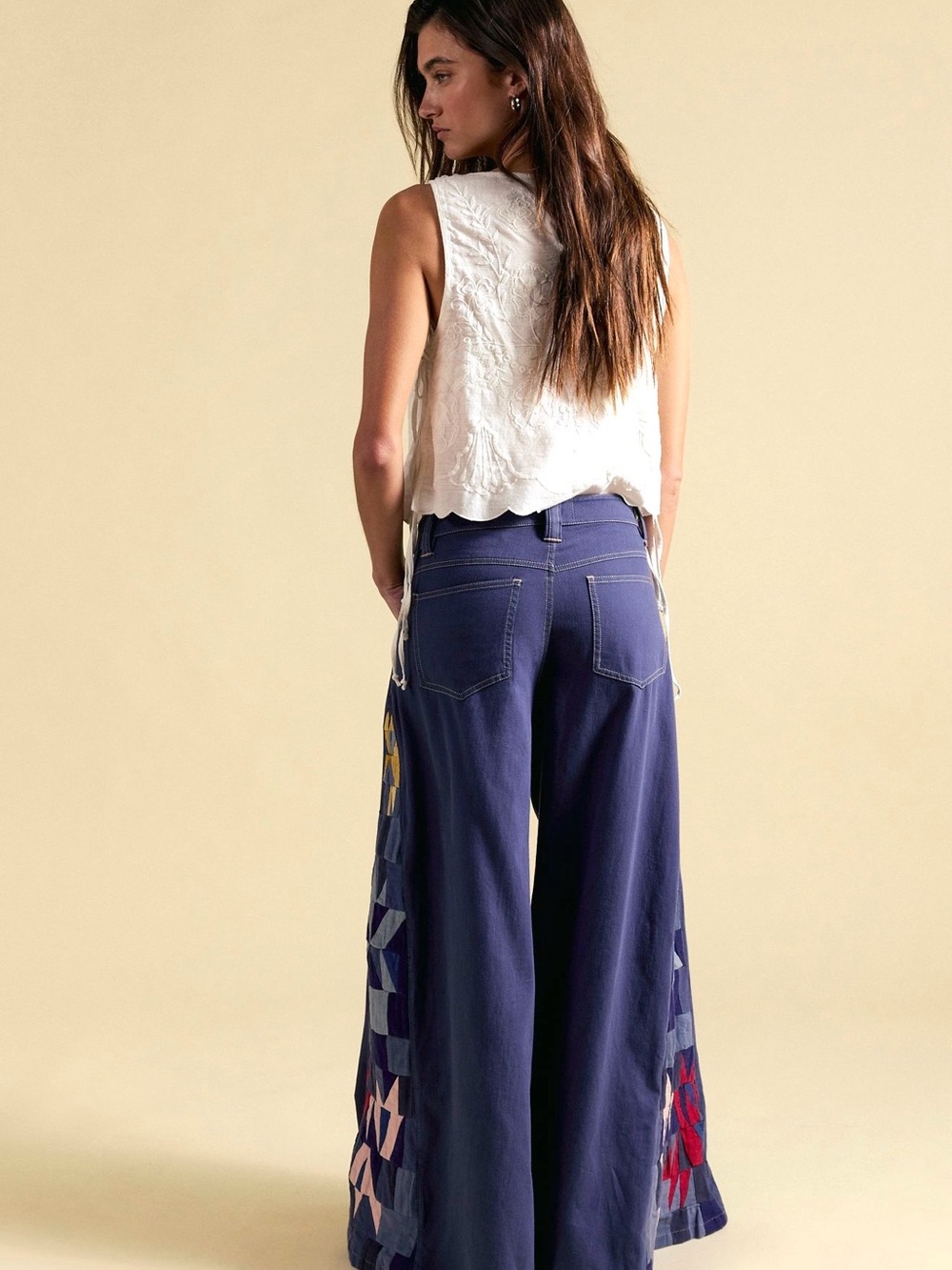 Free People We The Free Navy Wide-Leg Patchwork Embroidered Pants NWT SZ 29 - Picture 3 of 16